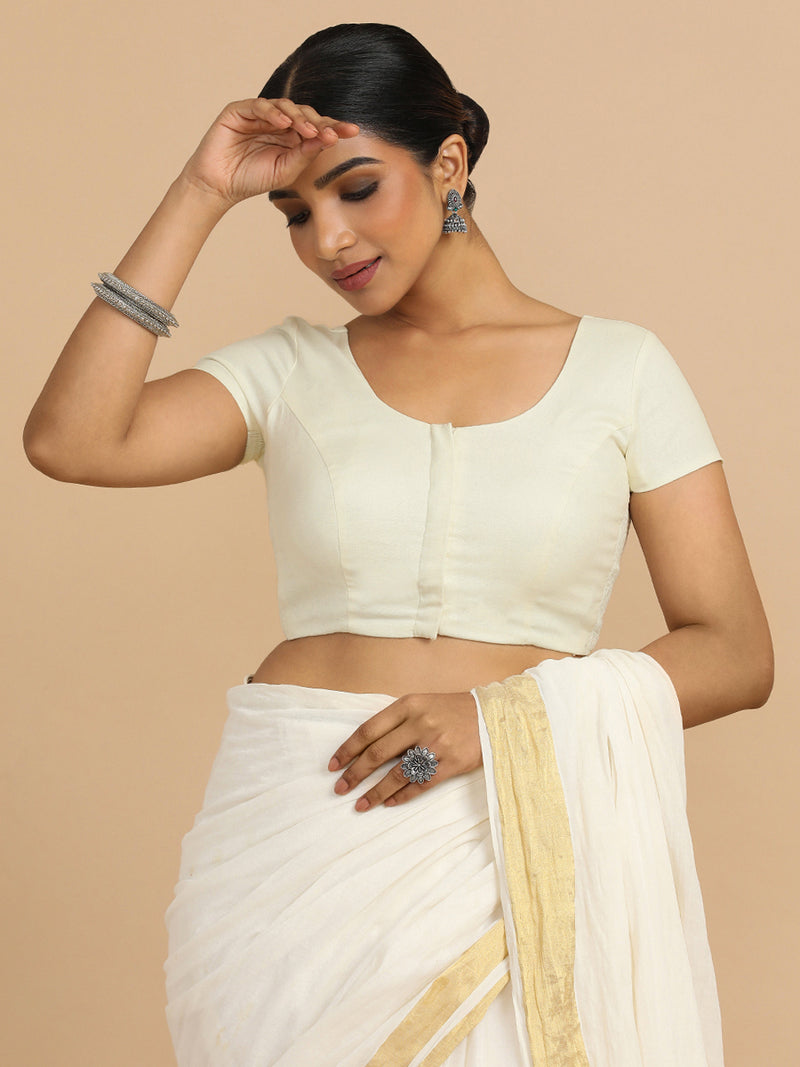 Mona x Rozaana | Short Sleeves Saree Blouse in Chalk White Linen-Binks