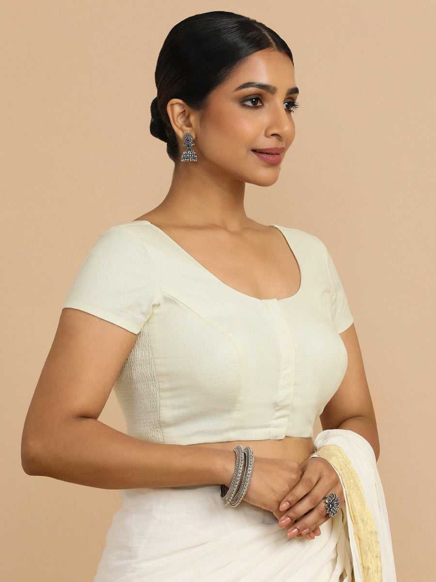 Mona x Rozaana Saree Blouse, in White 70% Cotton 30% Linen, featuring short sleeves and round neckline (view 8).