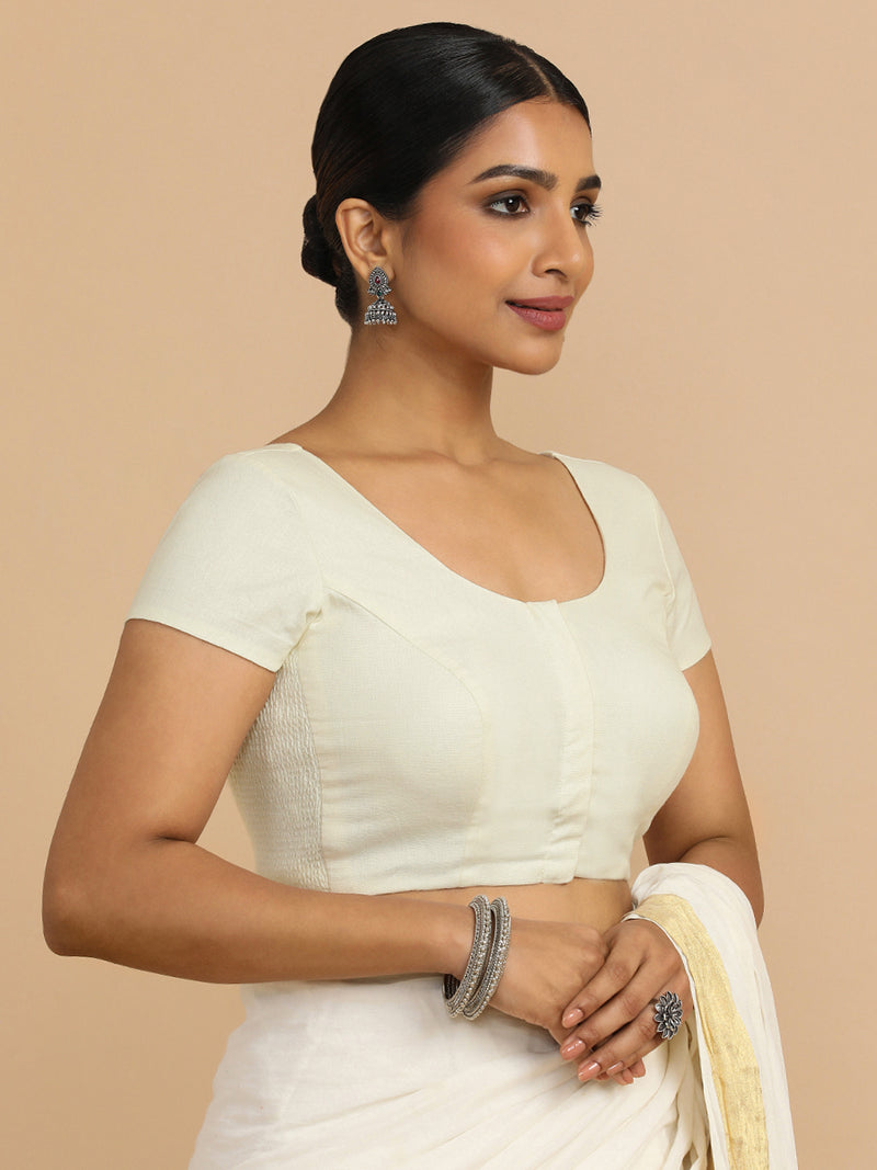 Mona x Rozaana | Short Sleeves Saree Blouse in Chalk White Linen-Binks