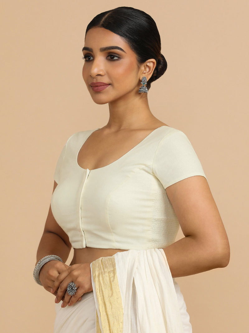 Mona x Rozaana | Short Sleeves Saree Blouse in Chalk White Linen-Binks