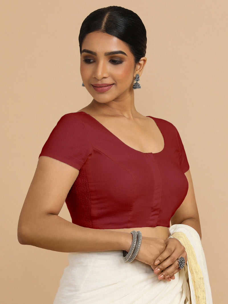 Mona x Rozaana | Short Sleeves Saree Blouse in Cranberry Red Linen-Binks