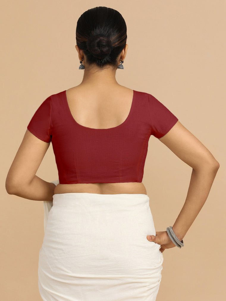 Mona x Rozaana Saree Blouse, in Red 70% Cotton 30% Linen, featuring short sleeves and round neckline, made for daily & work.