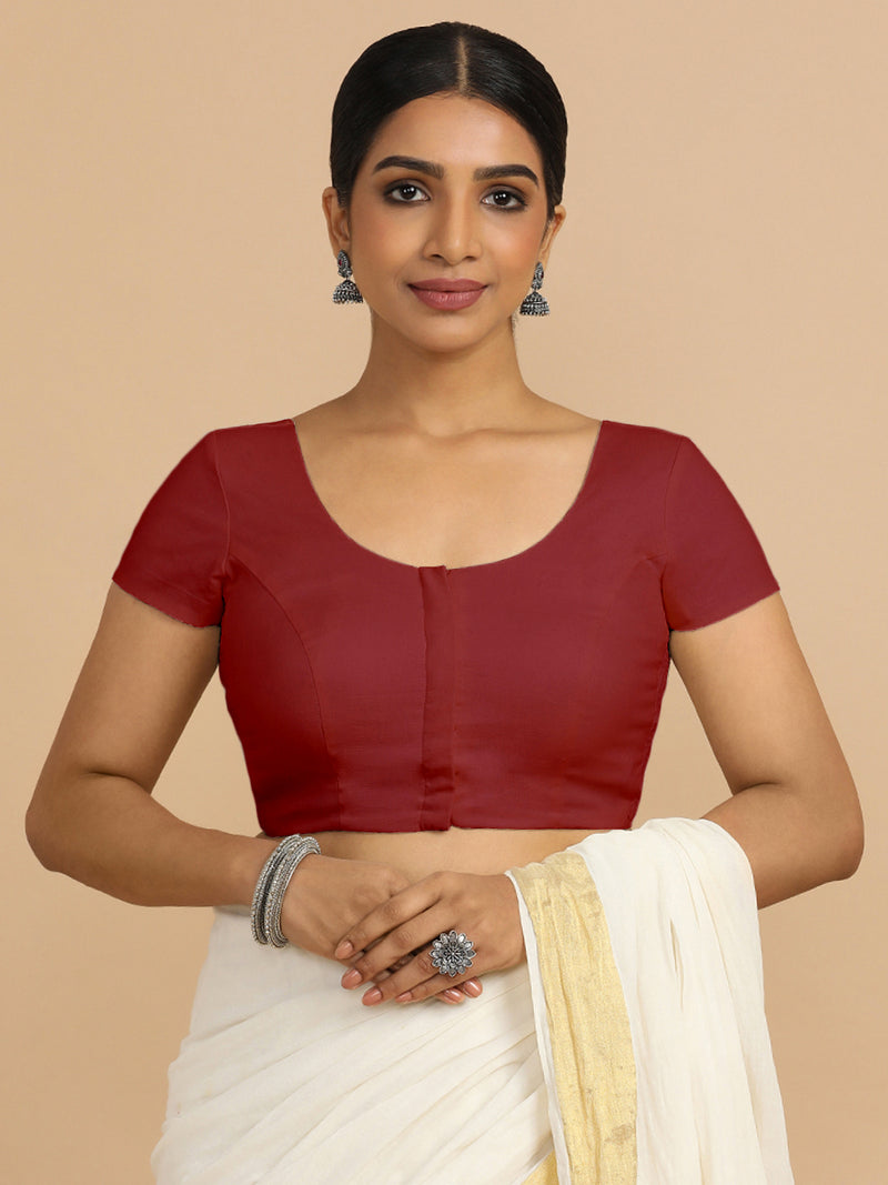 Mona x Rozaana | Short Sleeves Saree Blouse in Cranberry Red Linen-Binks
