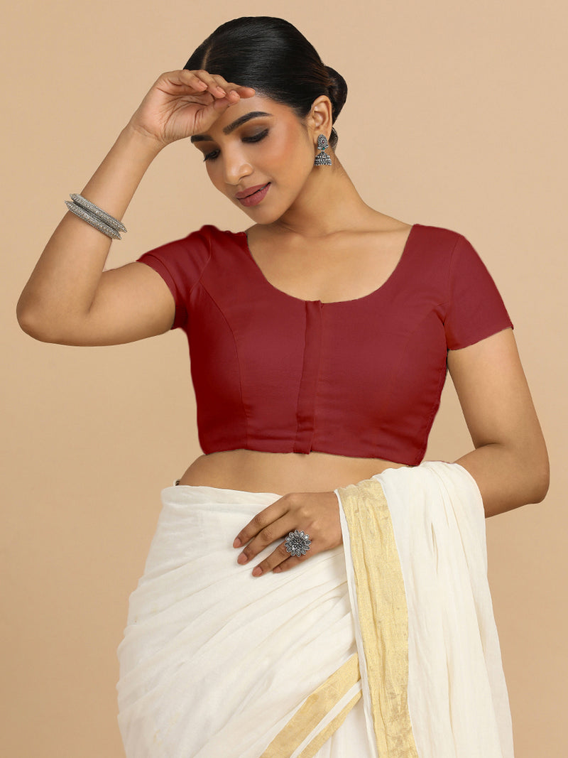 Mona x Rozaana | Short Sleeves Saree Blouse in Cranberry Red Linen-Binks