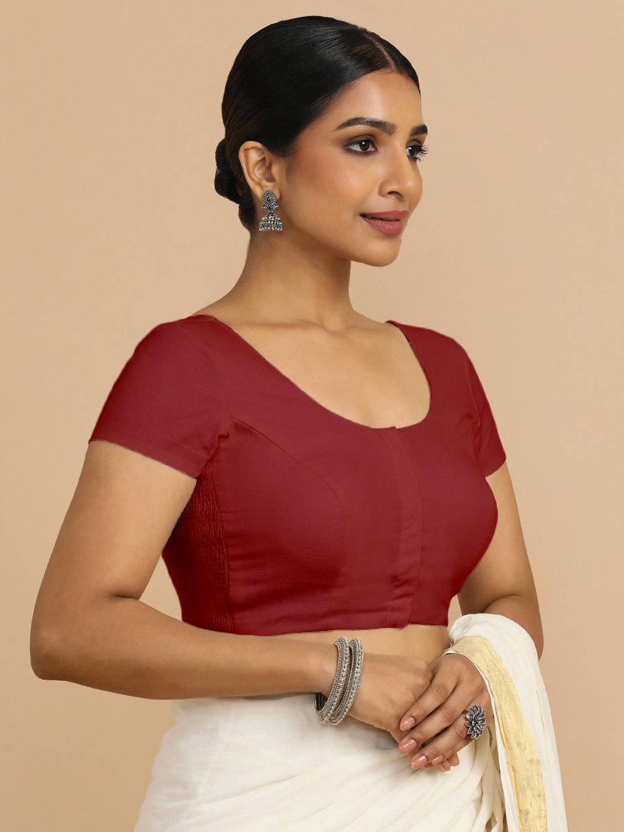 Mona x Rozaana Saree Blouse, in Red 70% Cotton 30% Linen, featuring short sleeves and round neckline, made for daily & work.