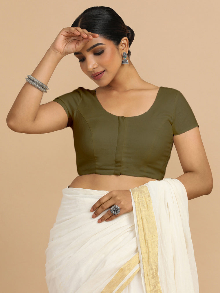 Mona x Rozaana Saree Blouse, in Green 70% Cotton 30% Linen, featuring short sleeves and round neckline.