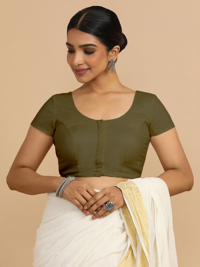 Mona x Rozaana | Short Sleeves Saree Blouse in Deep Olive Green Linen-Binks
