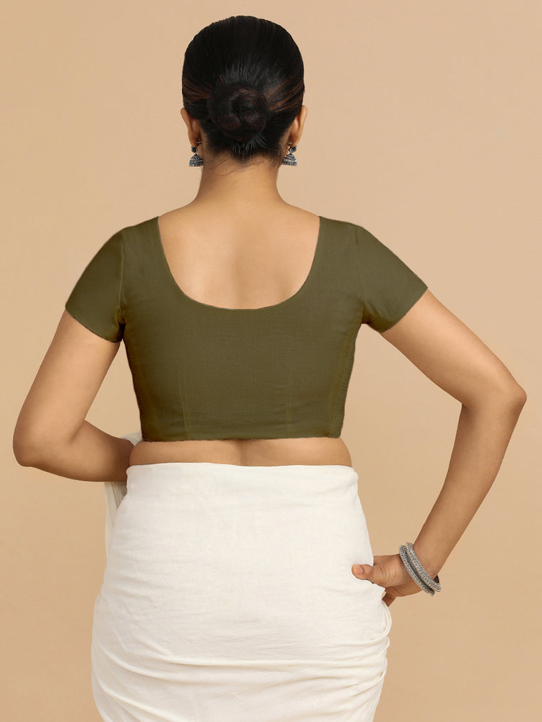 Mona x Rozaana Saree Blouse, in Green 70% Cotton 30% Linen, featuring short sleeves and round neckline (view 2).
