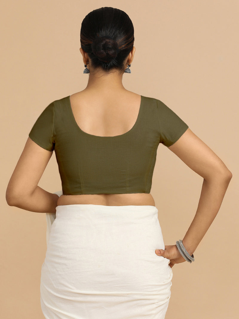 Mona x Rozaana | Short Sleeves Saree Blouse in Deep Olive Green Linen-Binks