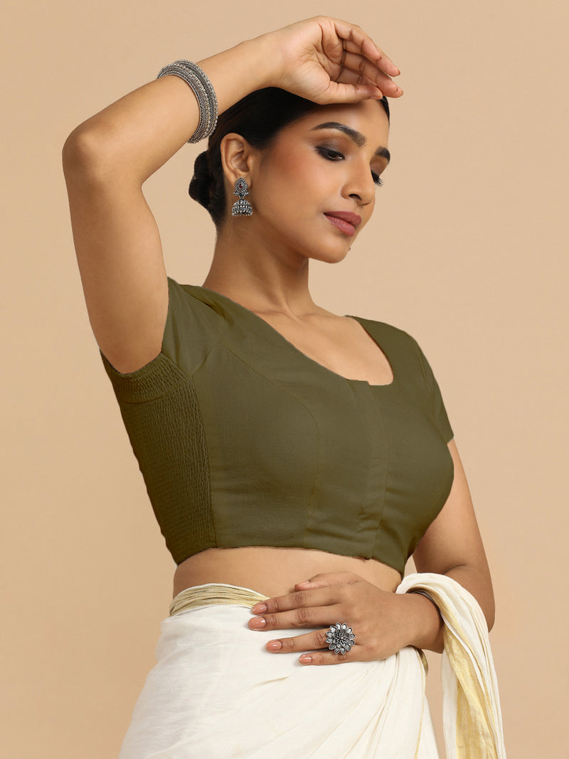 Mona x Rozaana | Short Sleeves Saree Blouse in Deep Olive Green Linen-Binks