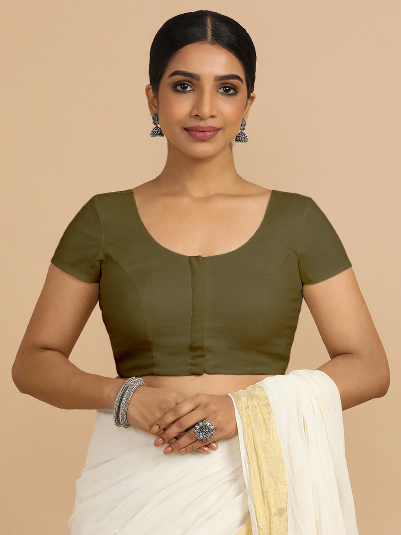 Mona x Rozaana | Short Sleeves Saree Blouse in Deep Olive Green Linen-Binks
