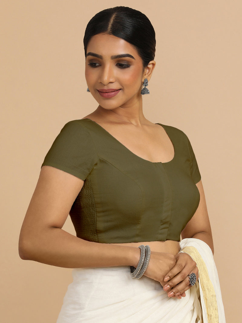 Mona x Rozaana | Short Sleeves Saree Blouse in Deep Olive Green Linen-Binks