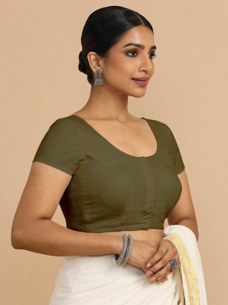 Mona x Rozaana | Short Sleeves Saree Blouse in Deep Olive Green Linen-Binks
