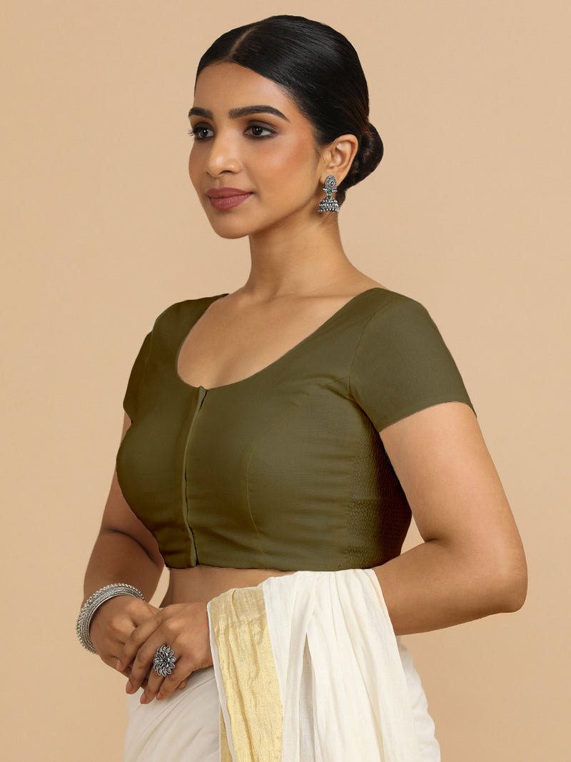 Mona x Rozaana | Short Sleeves Saree Blouse in Deep Olive Green Linen-Binks
