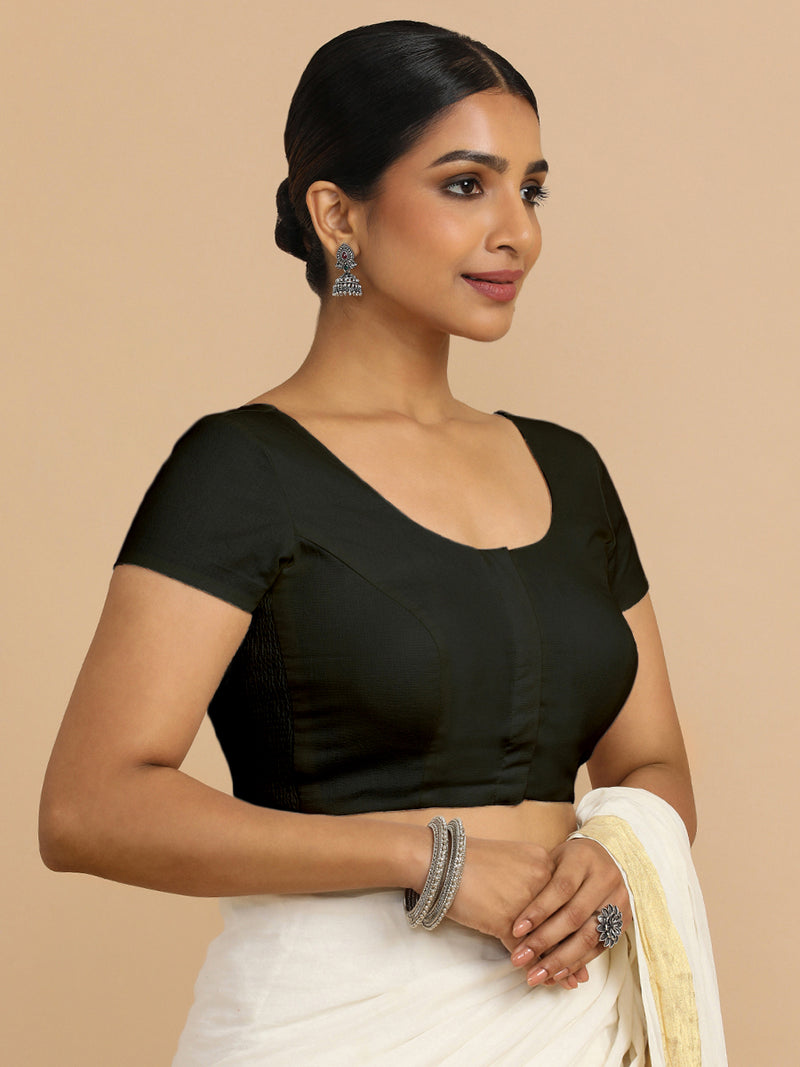 Mona x Rozaana | Short Sleeves Saree Blouse in Ebony Black Linen-Binks