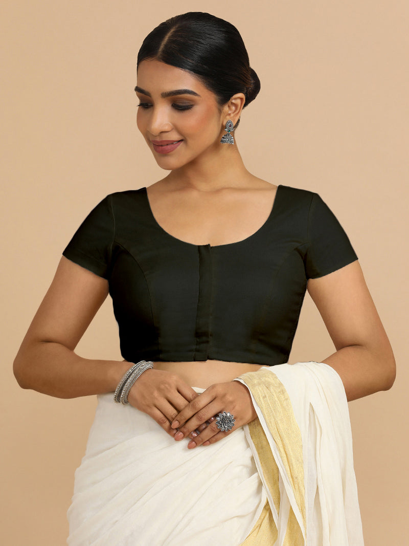 Mona x Rozaana | Short Sleeves Saree Blouse in Ebony Black Linen-Binks