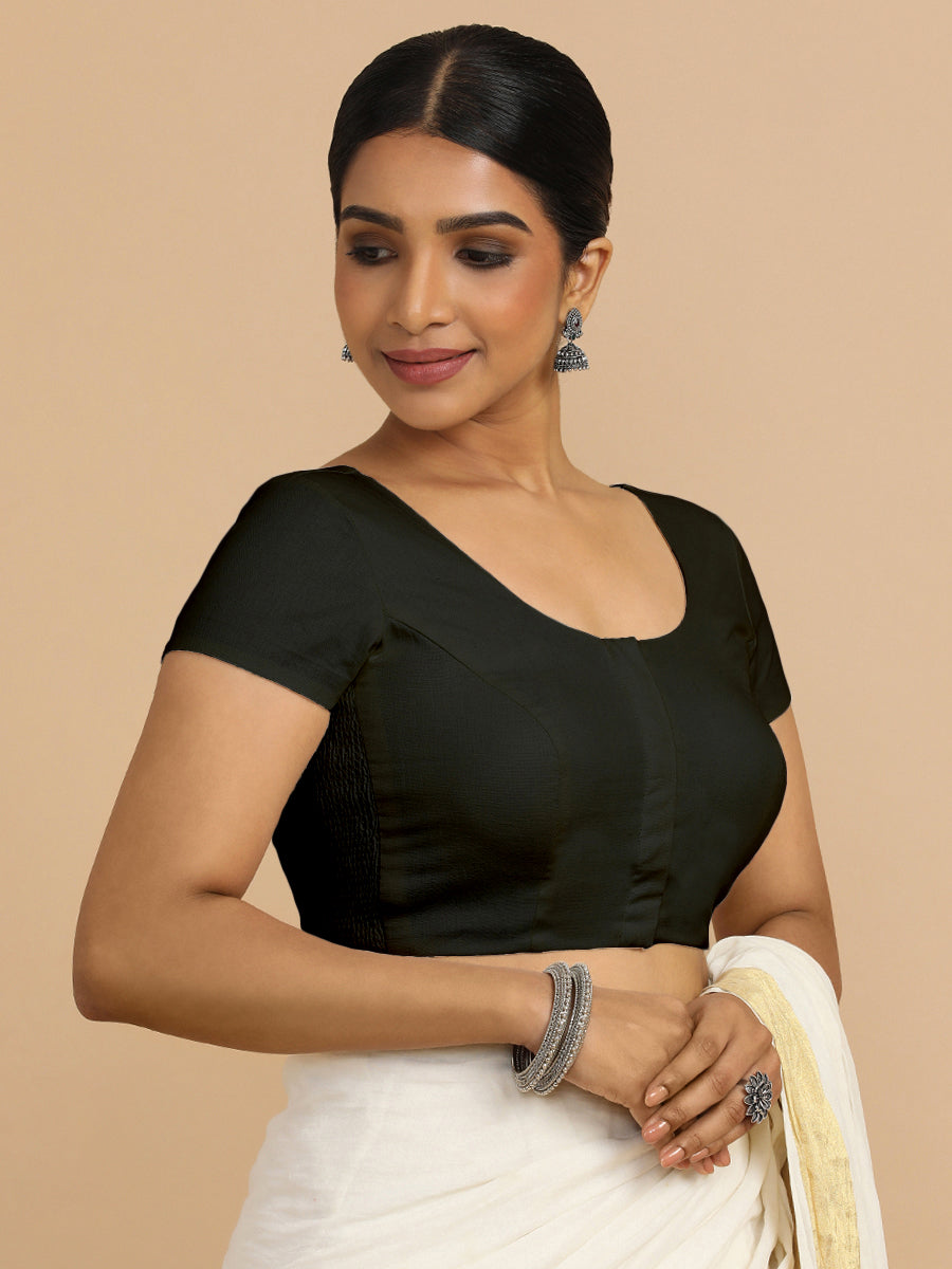 Mona x Rozaana Saree Blouse, in Black 70% Cotton 30% Linen, featuring short sleeves and round neckline (view 7).