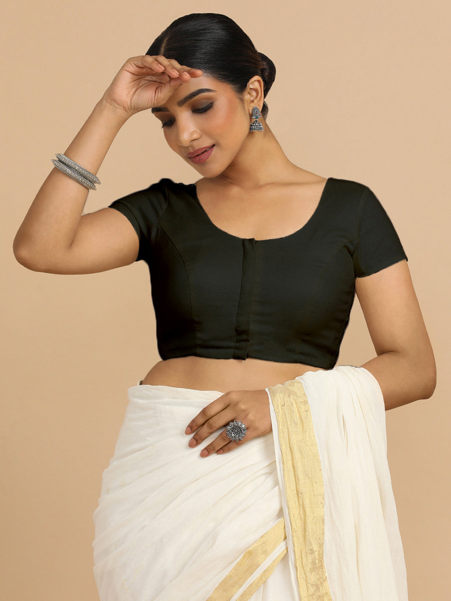 Mona x Rozaana Saree Blouse, in Black 70% Cotton 30% Linen, featuring short sleeves and round neckline (view 8).