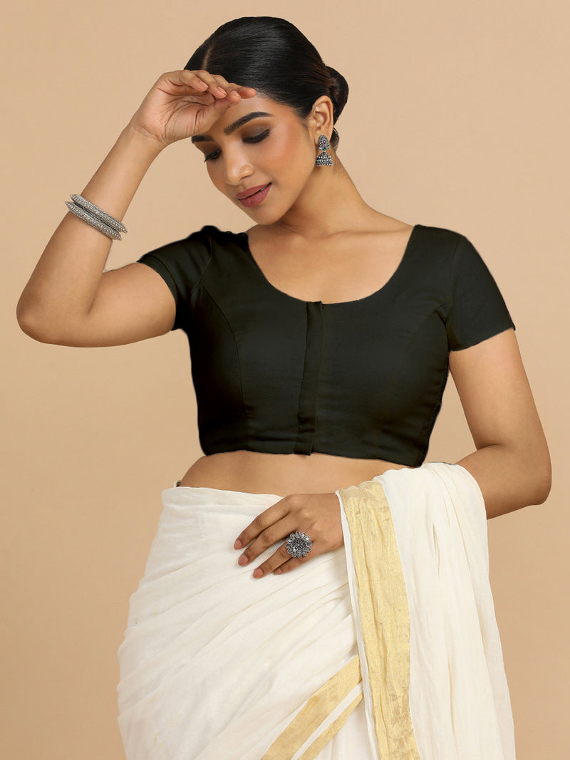 Mona x Rozaana | Short Sleeves Saree Blouse in Ebony Black Linen-Binks