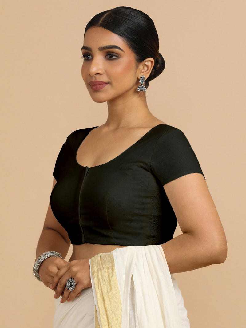Mona x Rozaana | Short Sleeves Saree Blouse in Ebony Black Linen-Binks