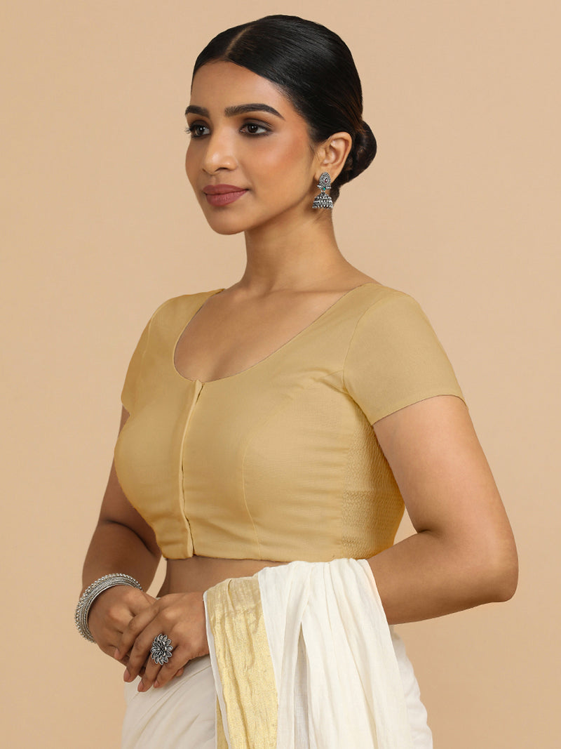 Mona x Rozaana | Short Sleeves Saree Blouse in Ecru Beige Linen-Binks