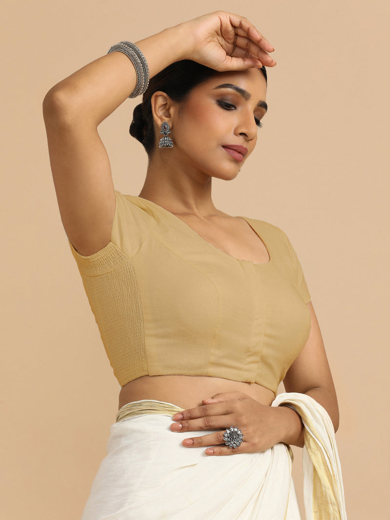 Mona x Rozaana | Short Sleeves Saree Blouse in Ecru Beige Linen-Binks