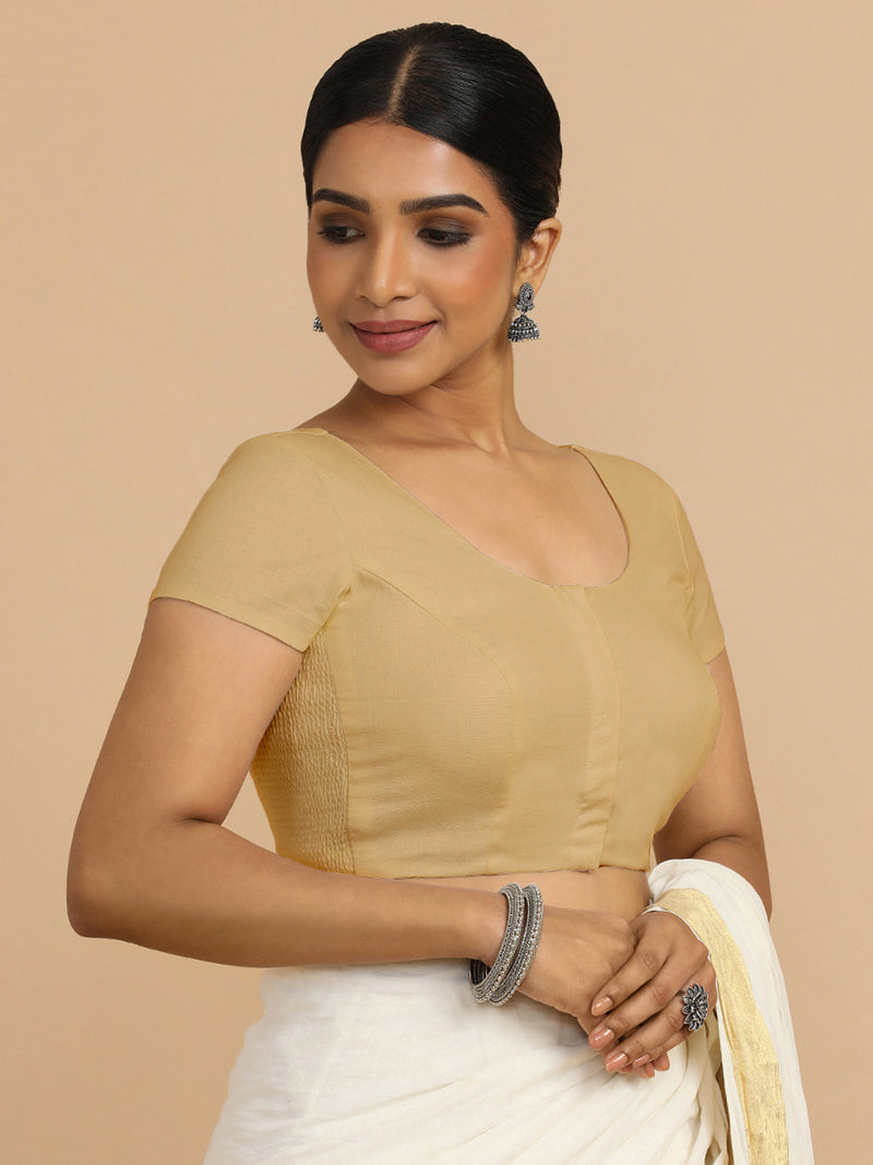 Mona x Rozaana | Short Sleeves Saree Blouse in Ecru Beige Linen-Binks