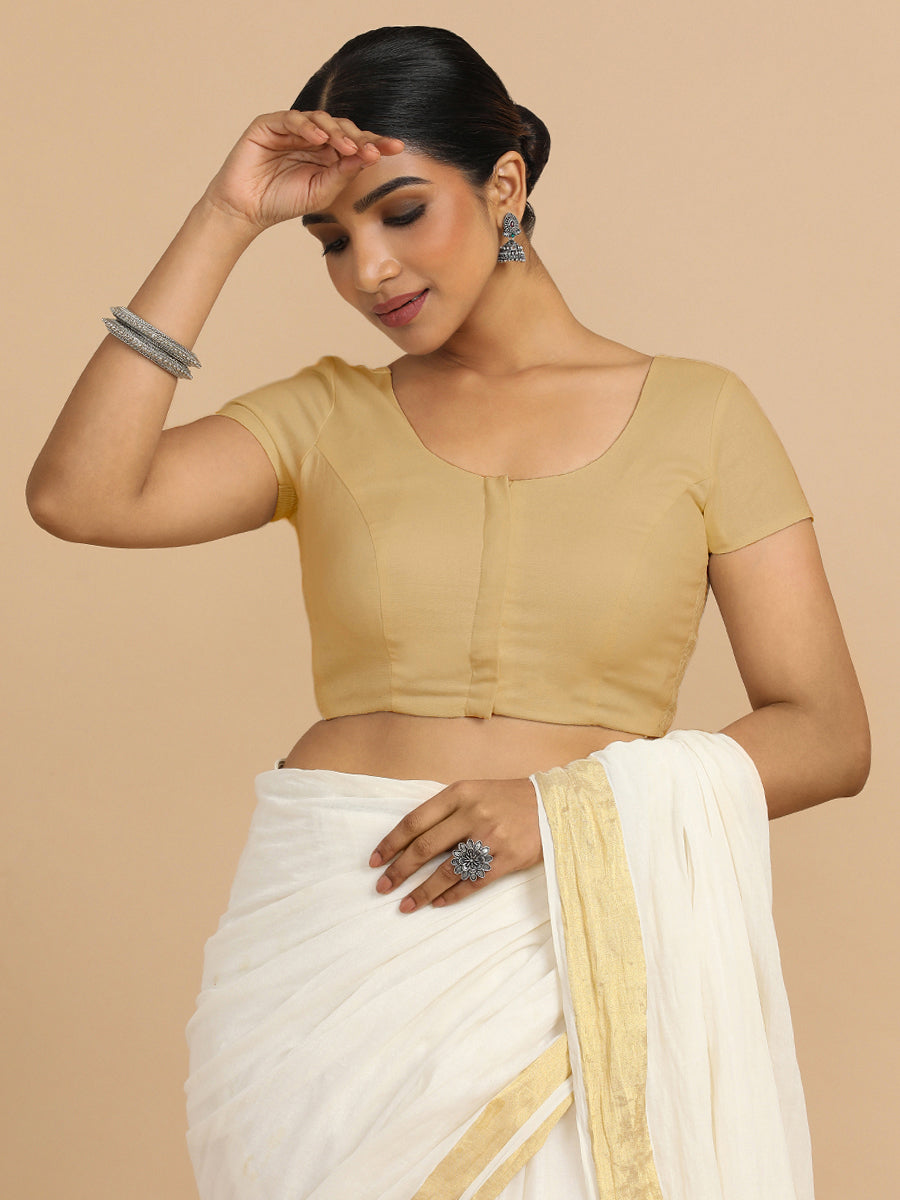 Mona x Rozaana Saree Blouse, in Beige 70% Cotton 30% Linen, featuring short sleeves and round neckline (view 8).