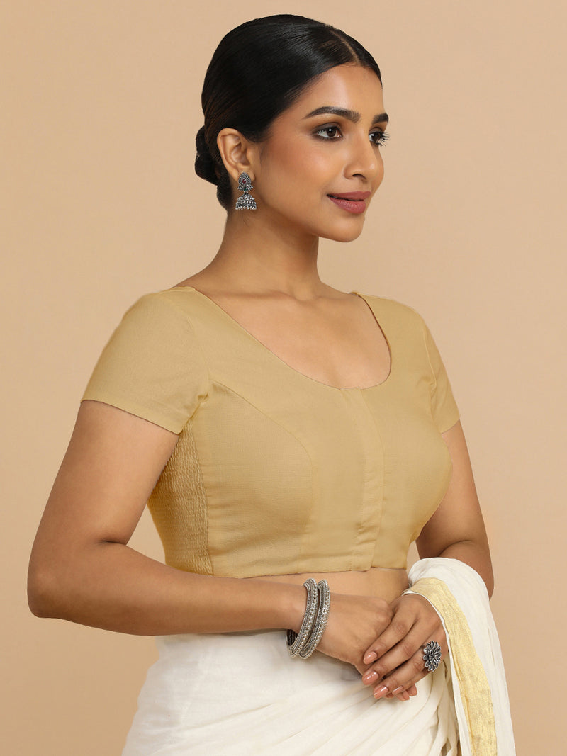Mona x Rozaana | Short Sleeves Saree Blouse in Ecru Beige Linen-Binks