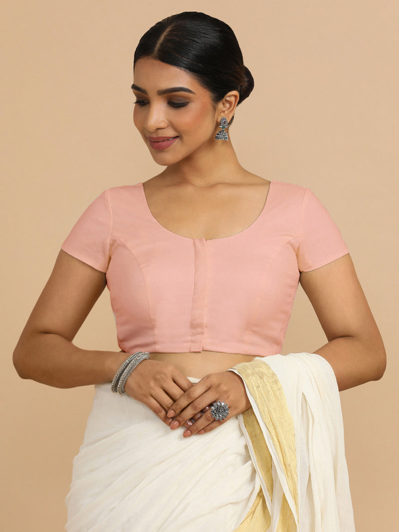 Mona x Rozaana | Short Sleeves Saree Blouse in Misty Pink Linen-Binks