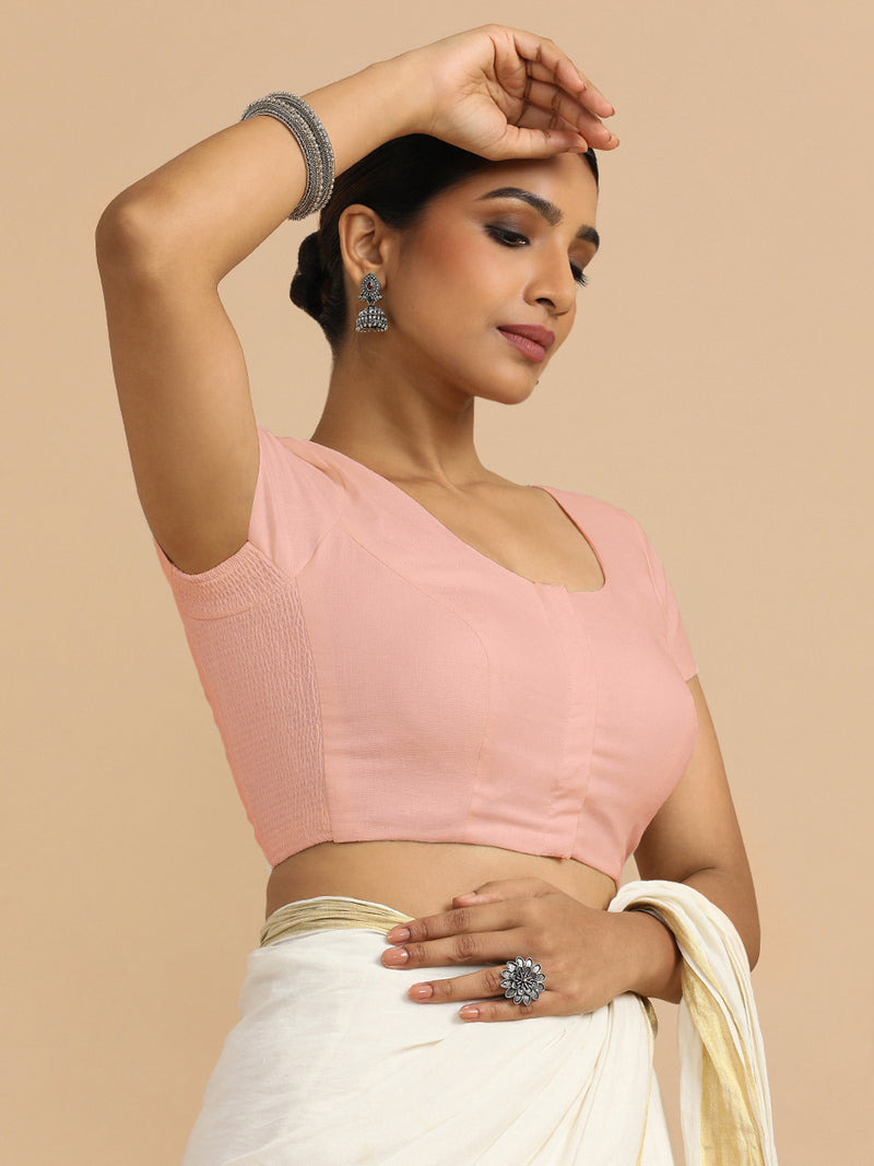 Mona x Rozaana | Short Sleeves Saree Blouse in Misty Pink Linen-Binks