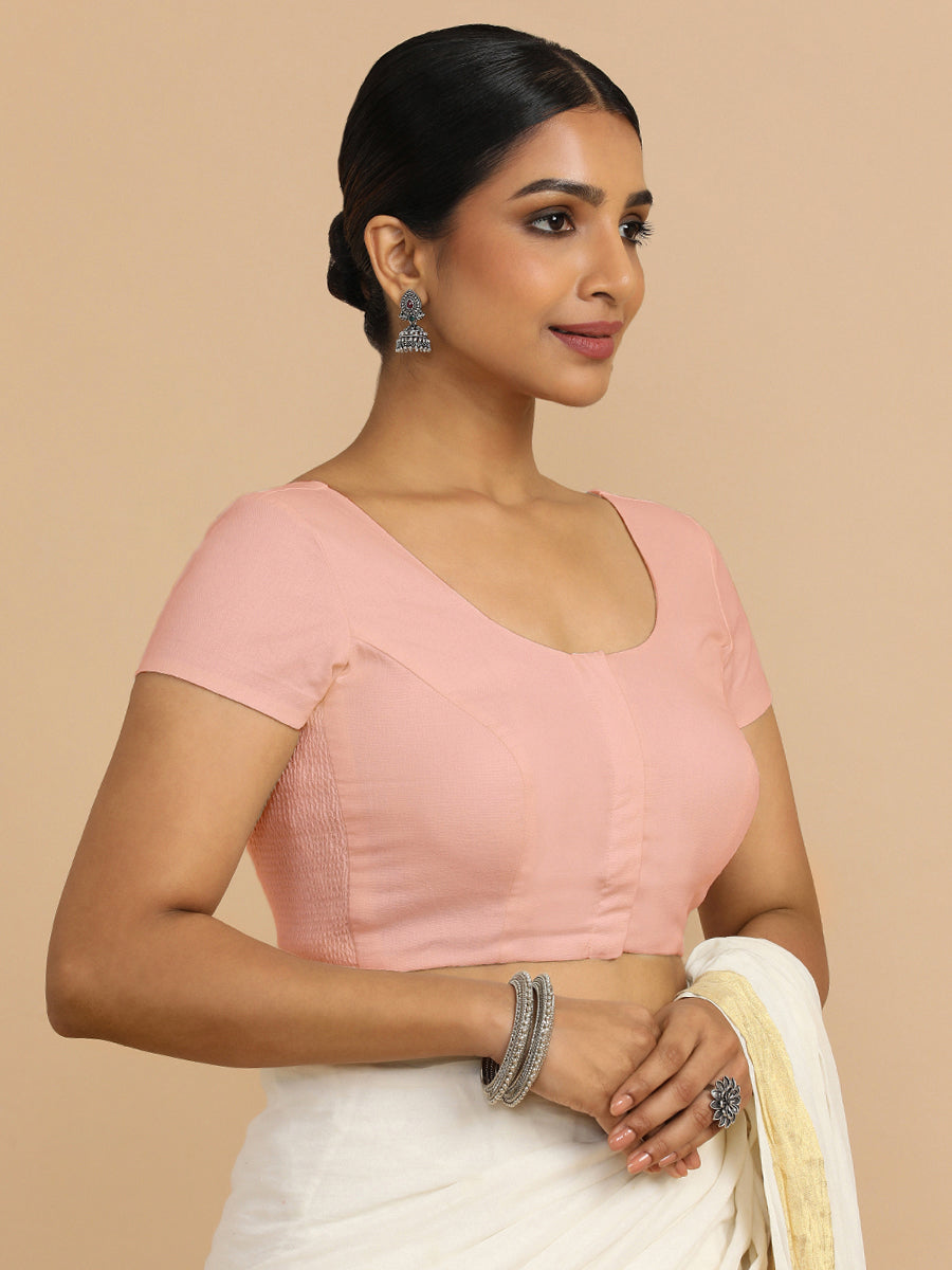 Mona x Rozaana Saree Blouse, in Pink 70% Cotton 30% Linen, featuring short sleeves and round neckline, made for daily & work.