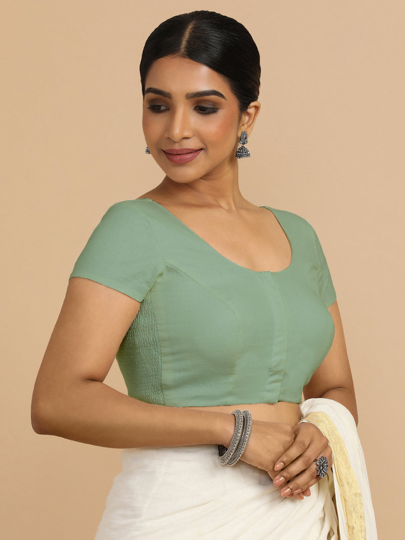 Mona x Rozaana | Short Sleeves Saree Blouse in Peppermint Green Linen-Binks