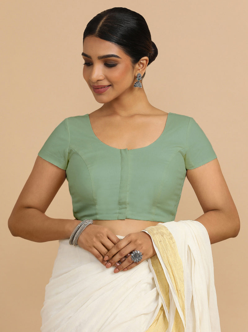 Mona x Rozaana | Short Sleeves Saree Blouse in Peppermint Green Linen-Binks