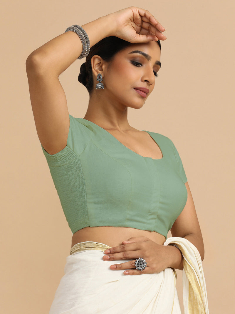 Mona x Rozaana | Short Sleeves Saree Blouse in Peppermint Green Linen-Binks