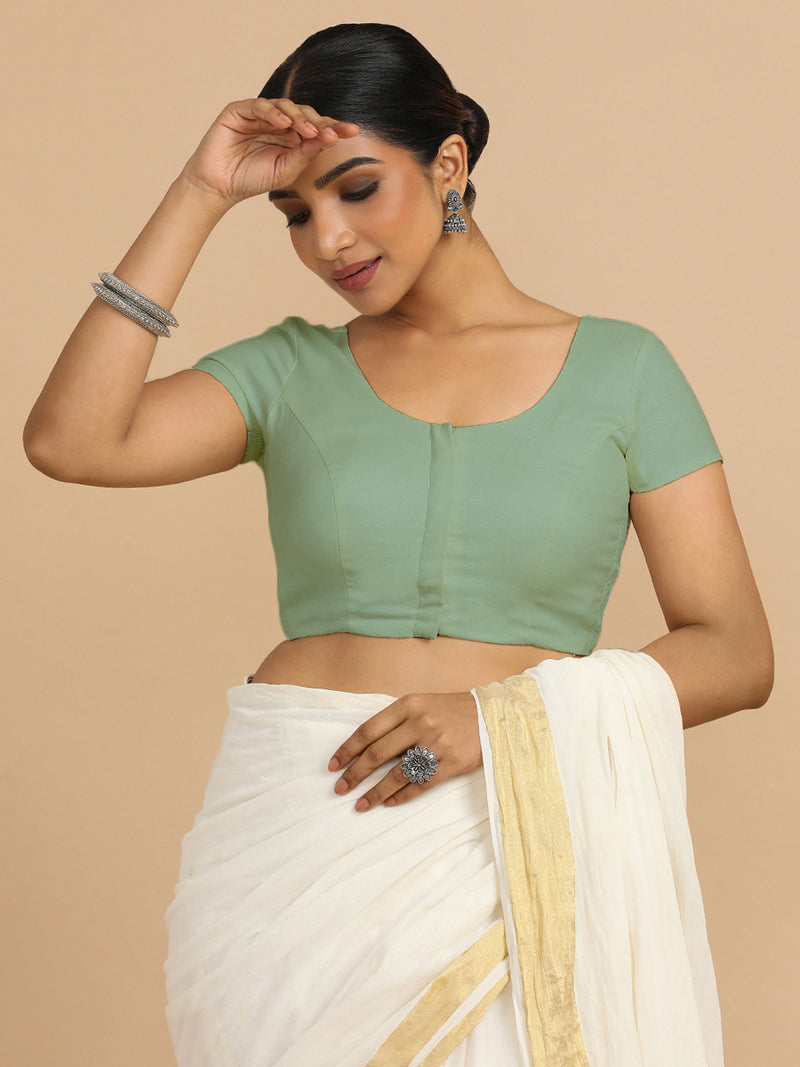 Mona x Rozaana | Short Sleeves Saree Blouse in Peppermint Green Linen-Binks