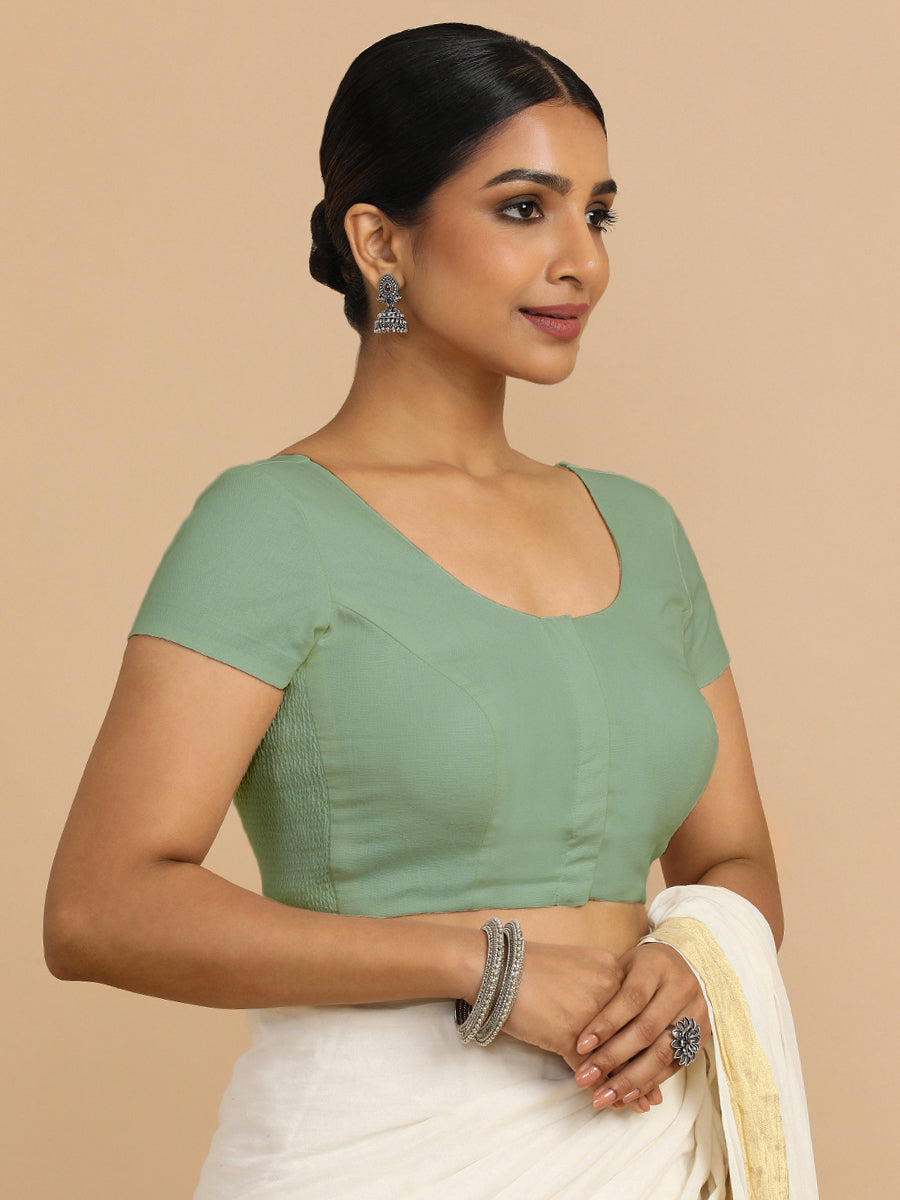 Mona x Rozaana Saree Blouse, in Green 70% Cotton 30% Linen, featuring short sleeves and round neckline (view 8).