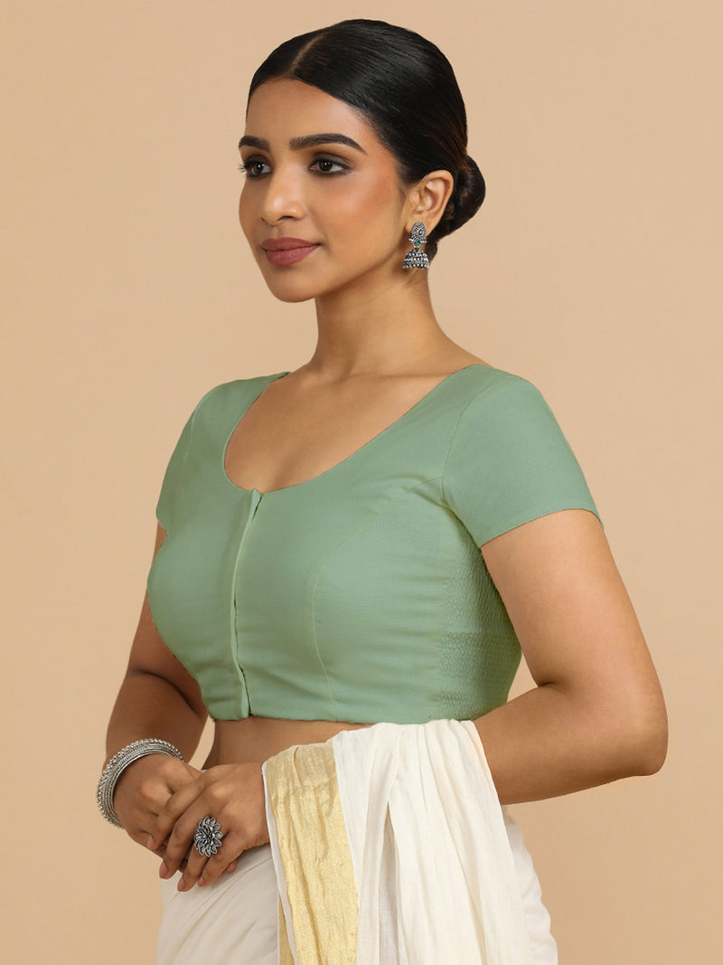 Mona x Rozaana | Short Sleeves Saree Blouse in Peppermint Green Linen-Binks