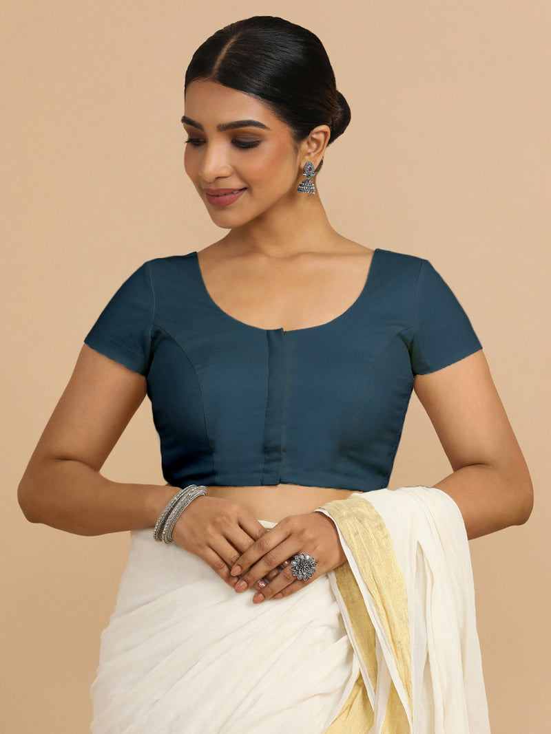 Mona x Rozaana | Short Sleeves Saree Blouse in Regal Blue Linen-Binks