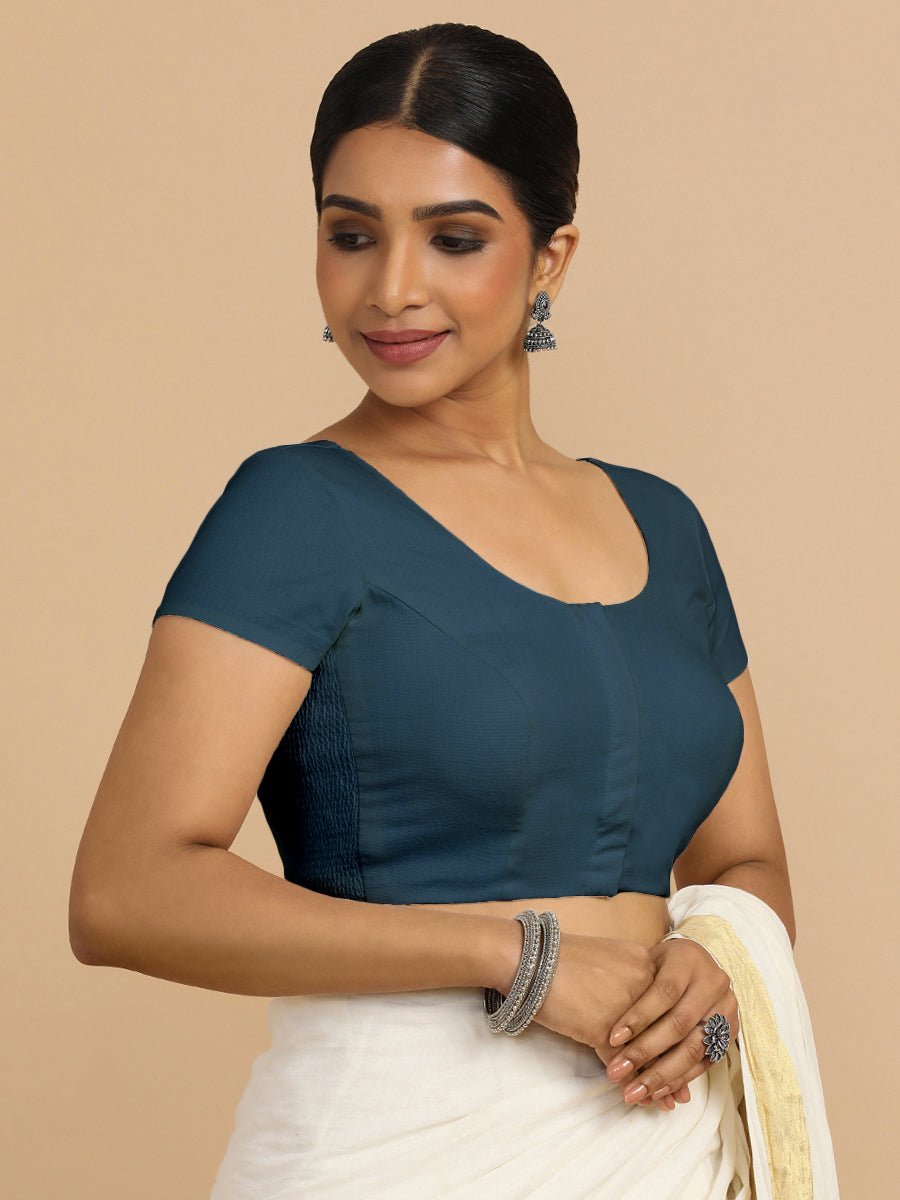 Mona x Rozaana Saree Blouse, in Blue 70% Cotton 30% Linen, featuring short sleeves and round neckline, made for daily & work.