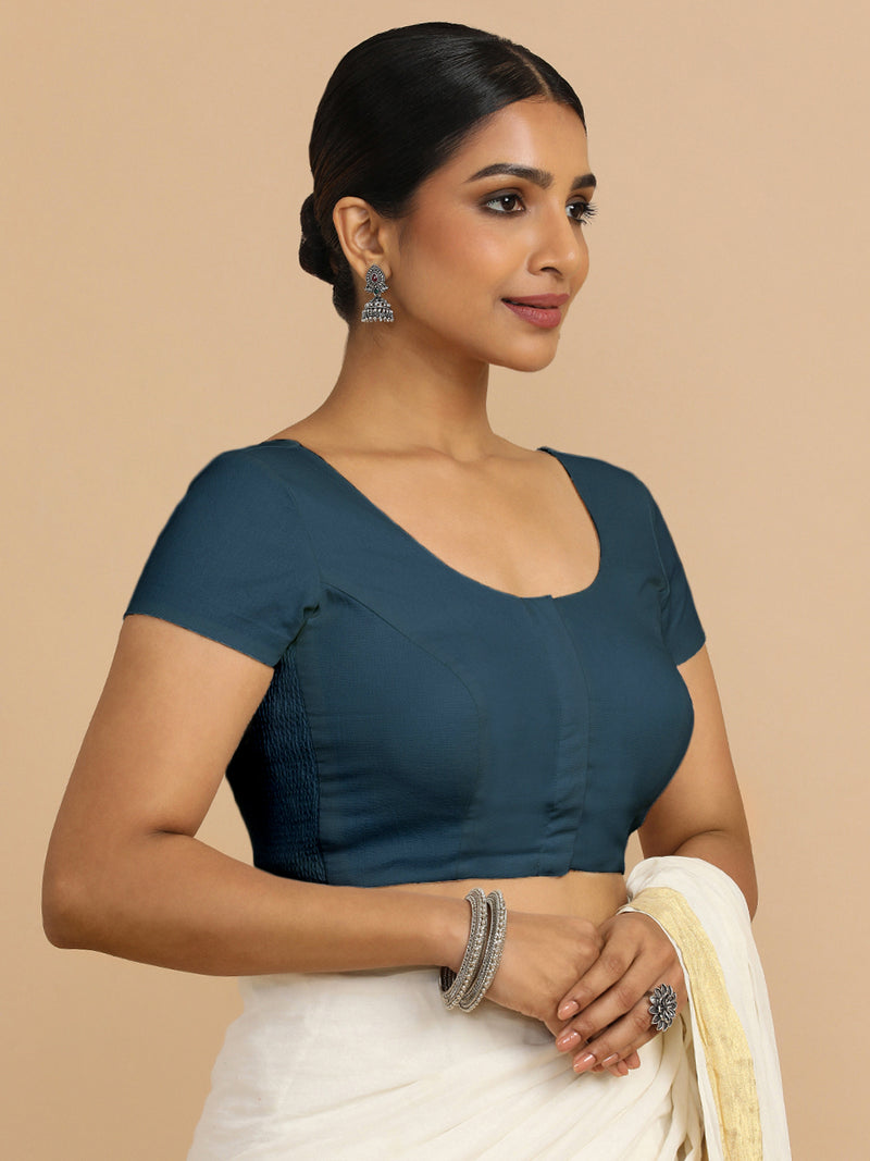 Mona x Rozaana | Short Sleeves Saree Blouse in Regal Blue Linen-Binks