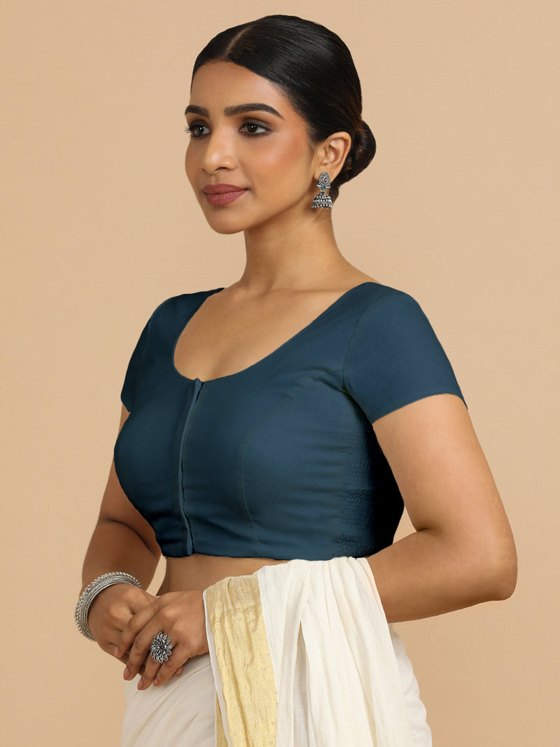 Mona x Rozaana | Short Sleeves Saree Blouse in Regal Blue Linen-Binks