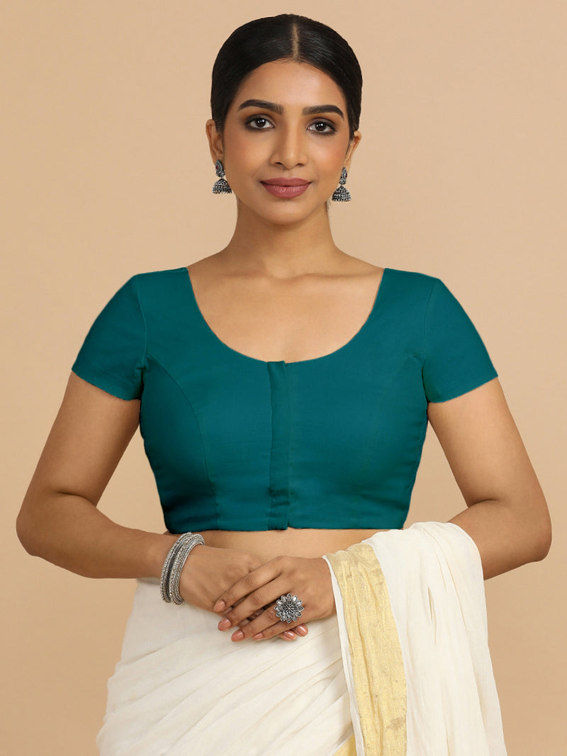 Mona x Rozaana | Short Sleeves Saree Blouse in Teal Blue Linen-Binks