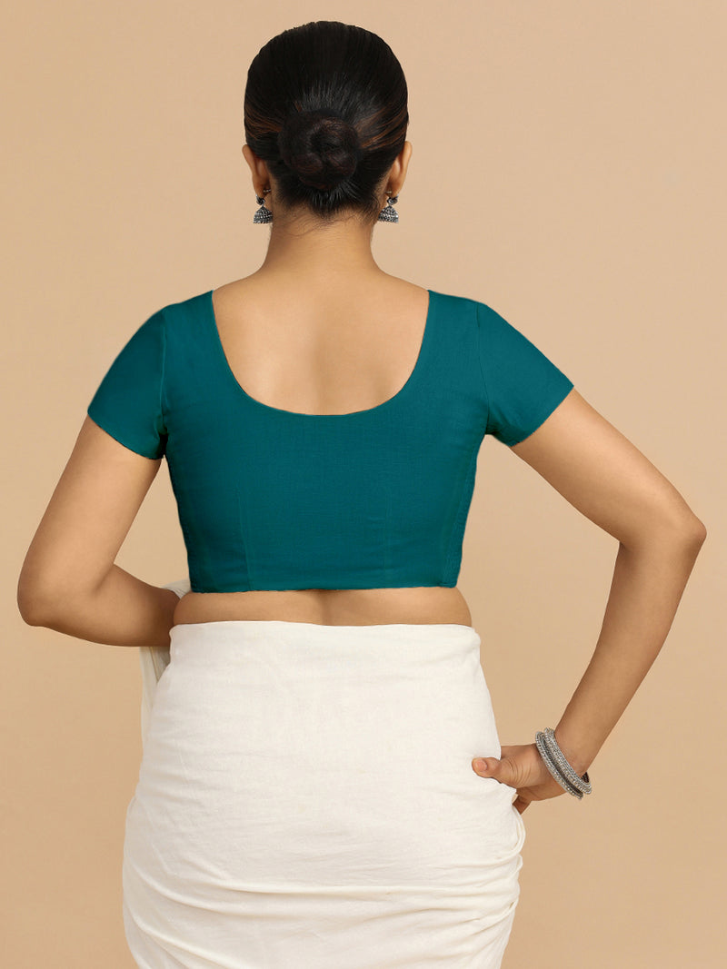 Mona x Rozaana | Short Sleeves Saree Blouse in Teal Blue Linen-Binks