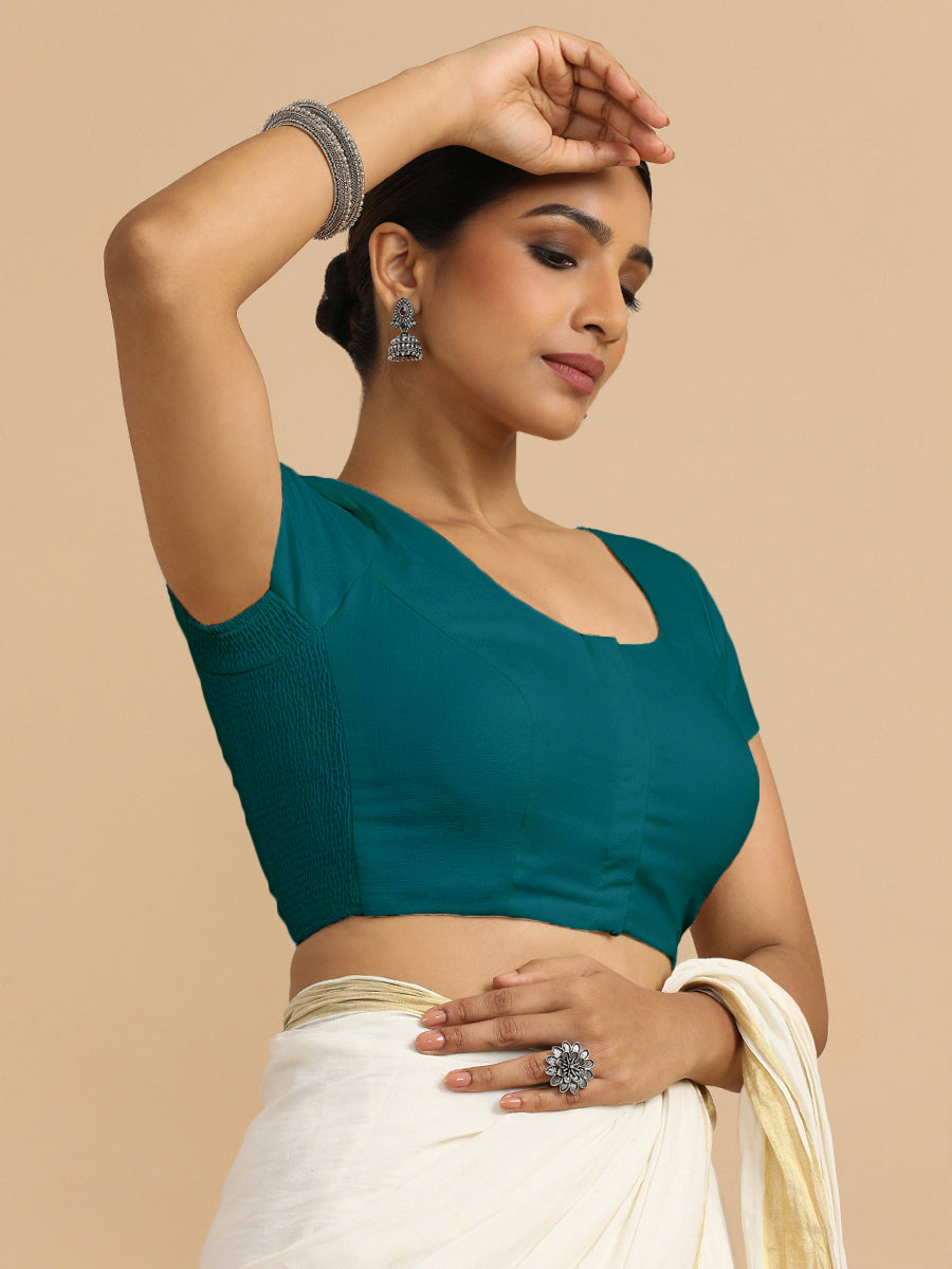 Mona x Rozaana Saree Blouse, in Blue 70% Cotton 30% Linen, featuring short sleeves and round neckline, made for daily & work.