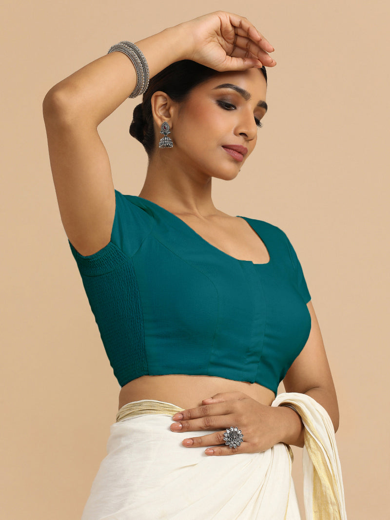 Mona x Rozaana | Short Sleeves Saree Blouse in Teal Blue Linen-Binks