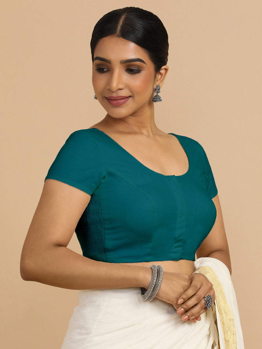 Mona x Rozaana Saree Blouse, in Blue 70% Cotton 30% Linen, featuring short sleeves and round neckline, made for daily & work.