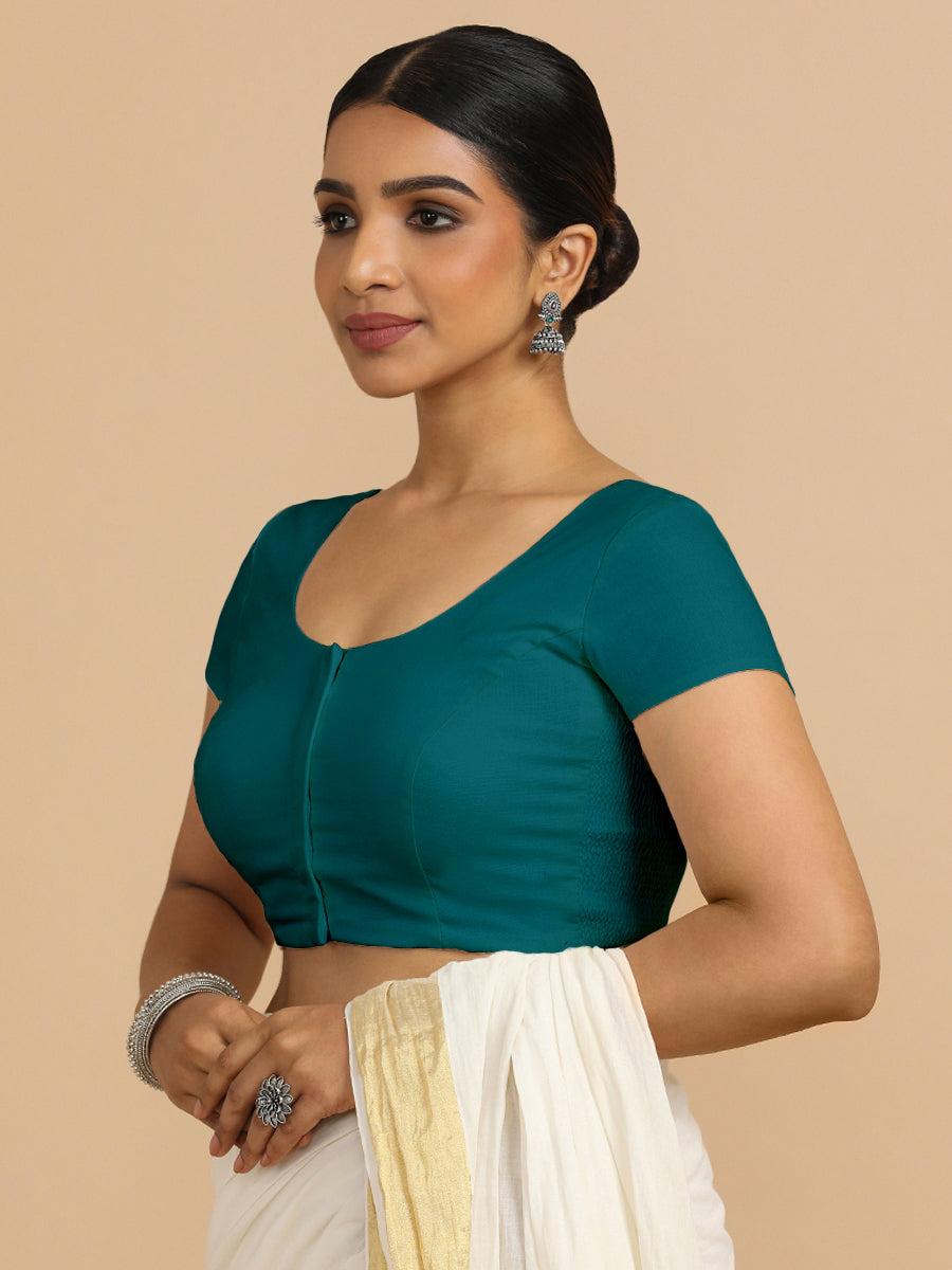Mona x Rozaana Saree Blouse, in Blue 70% Cotton 30% Linen, featuring short sleeves and round neckline, made for daily & work.