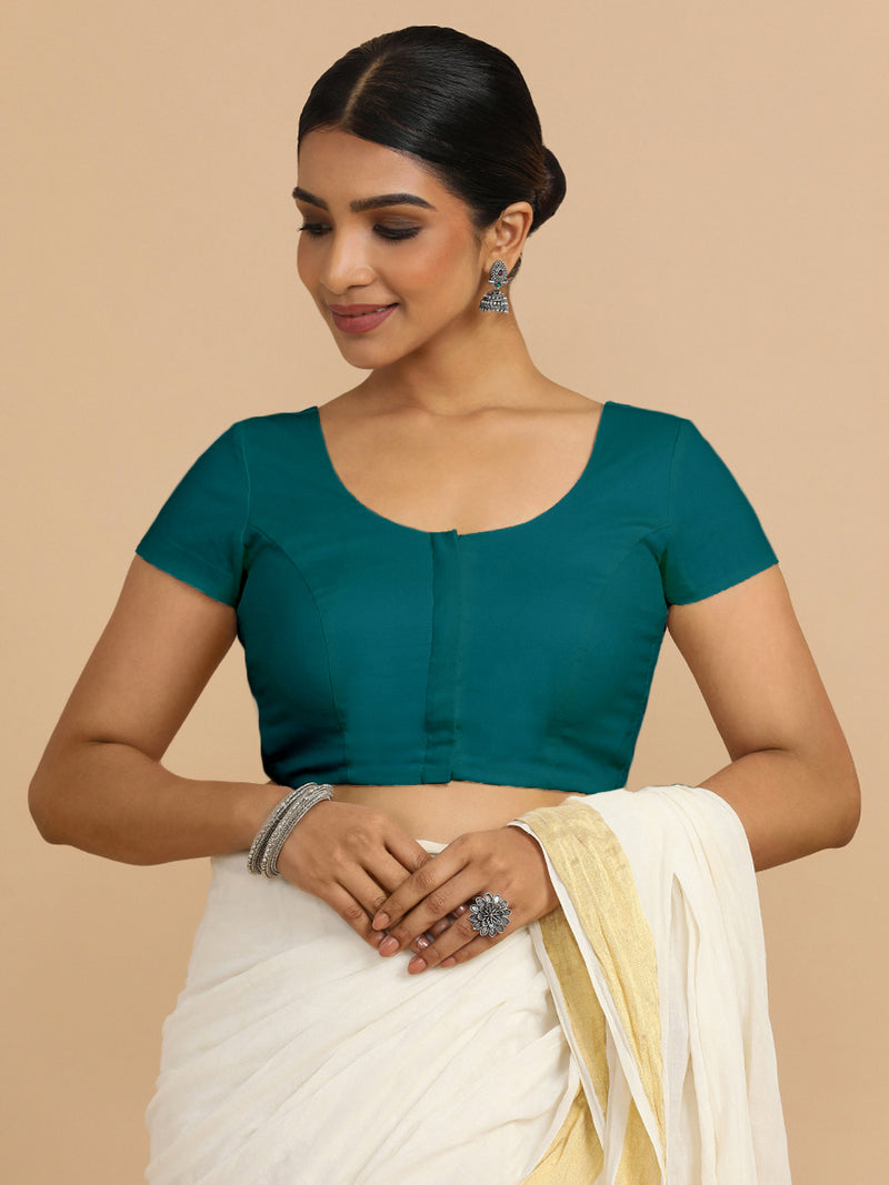 Mona x Rozaana | Short Sleeves Saree Blouse in Teal Blue Linen-Binks