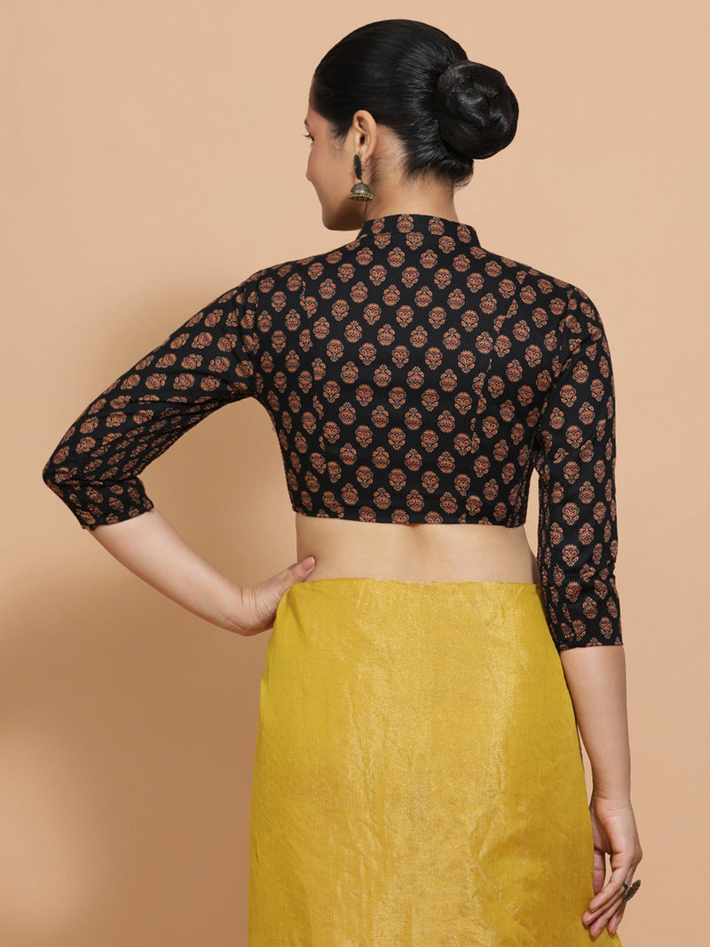Mrinali x Rozaana | Three Quarter Sleeves Cotton Saree Blouse in Black Peacock Block Print Fabric-Binks